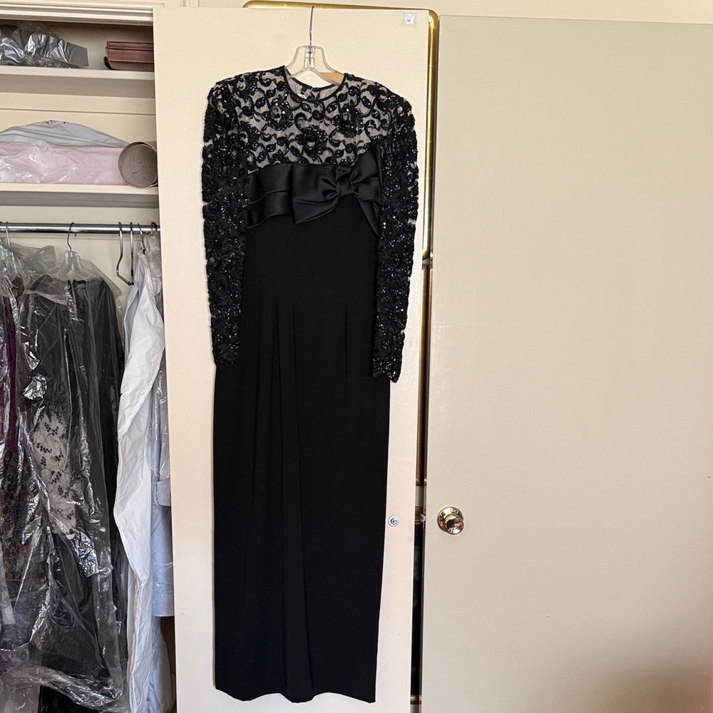 Celeste Black Long Sleeve Sequin & Bow Evening Gown